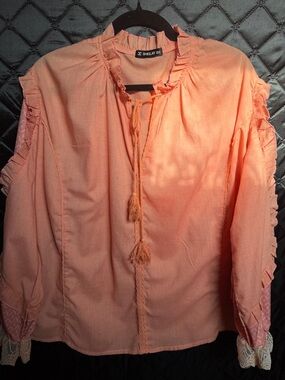 Shelay Coral-Peach Tie-Front Ruffle Blouse